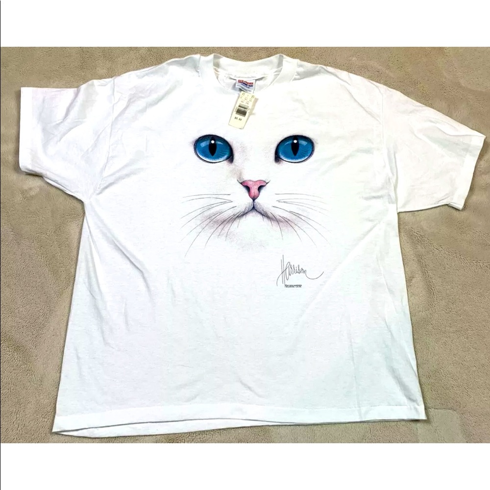 NWT'S VTG 90's Bob Harrison Cat Face T-Shirt Men's SZ XL White Single Stitched